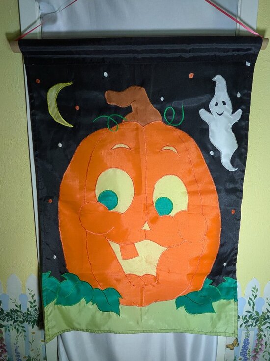 Other - Vintage Applique Halloween Pumpkin Ghost House Flag Large Embroidered Banner